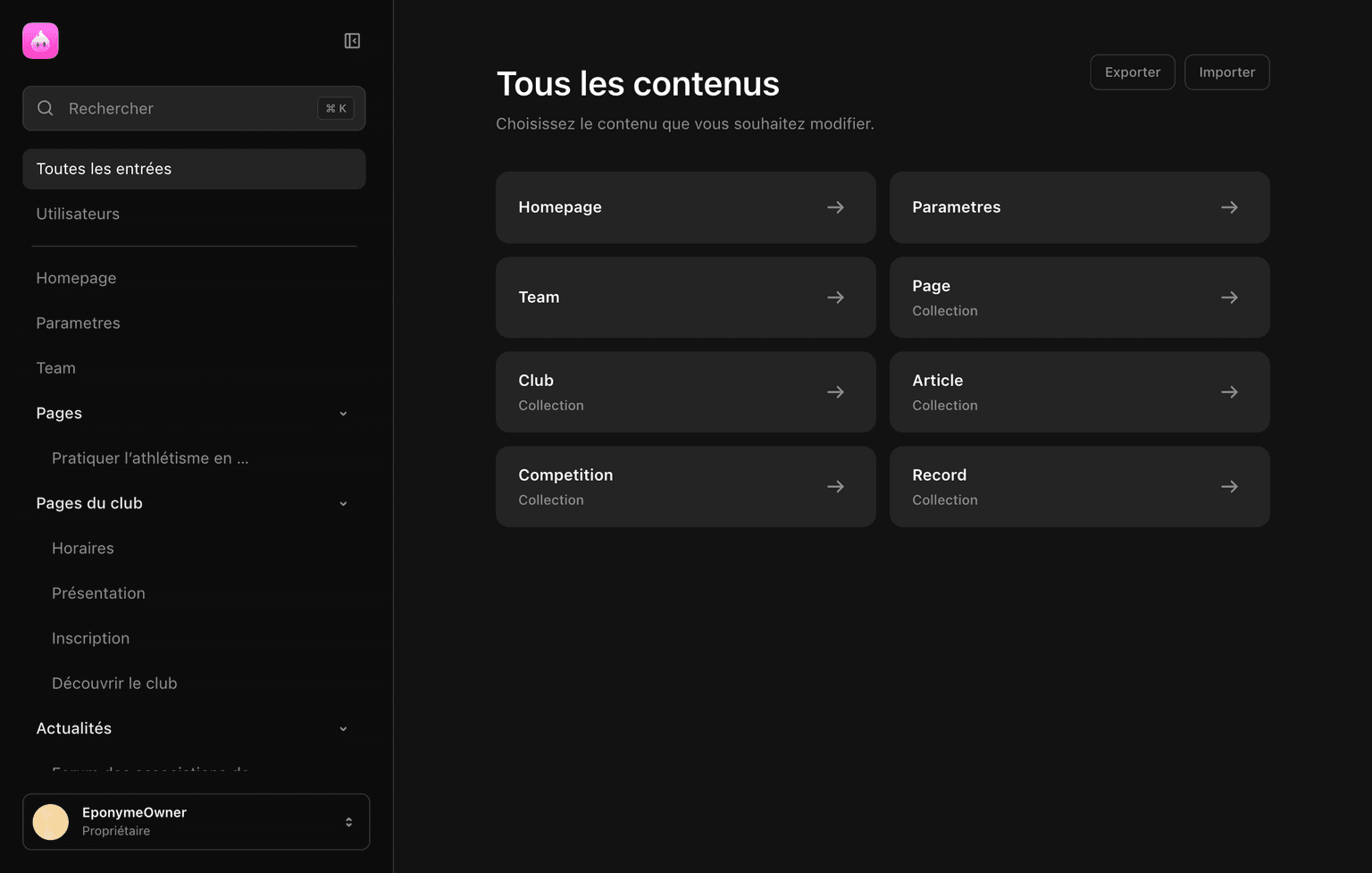 Tableau de bord du CMS Eponyme, développé sous Nuxt