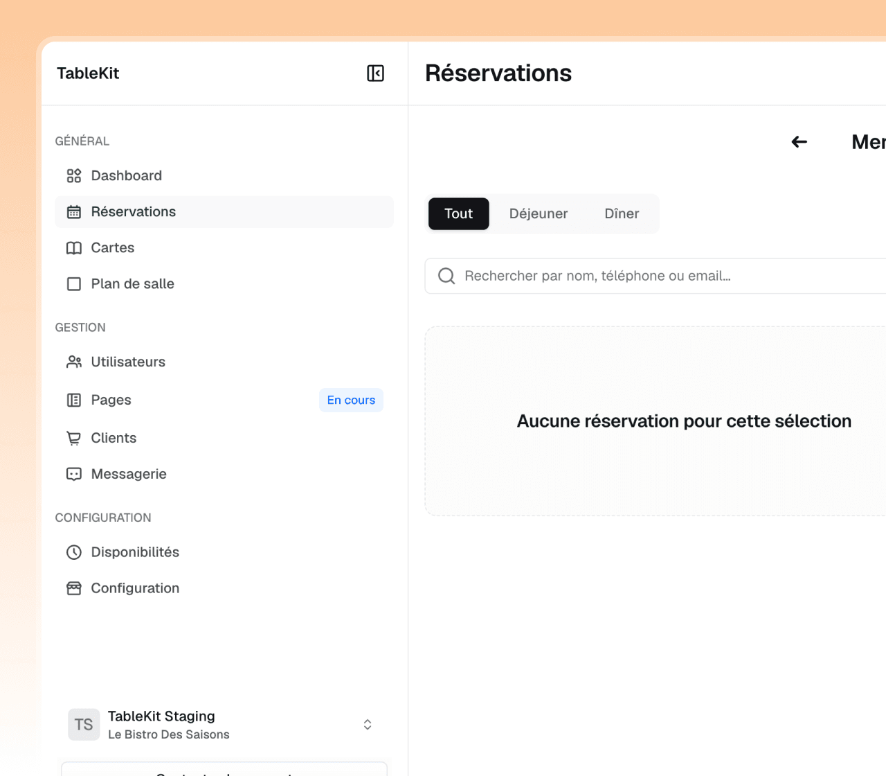 Aperçu de l’application web de gestion de réservations TableKit
